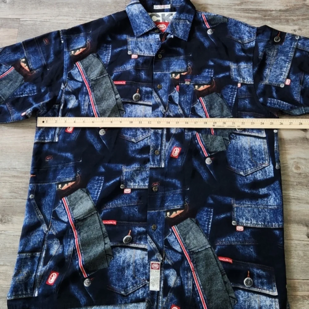 Vintage Ecko Utld RARE‎ Patchwork denim polyester button down Shirt Mens XL
